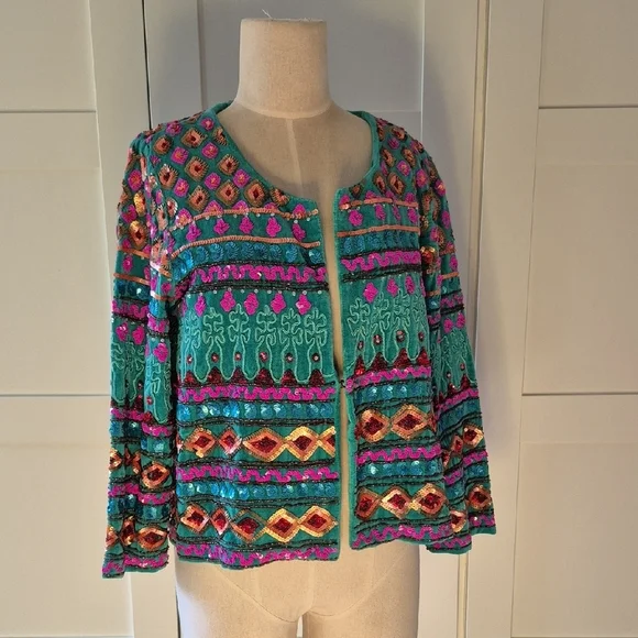 NWT Ruby Yaya Cotton Velvet Beaded Sequin Jacket Teal Boho Glam Large - Picture 1 of 12